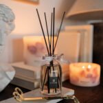 Velvet Rose -100ml Fragranced Octagonal Diffuser on a marble tray with botanical candles in the background