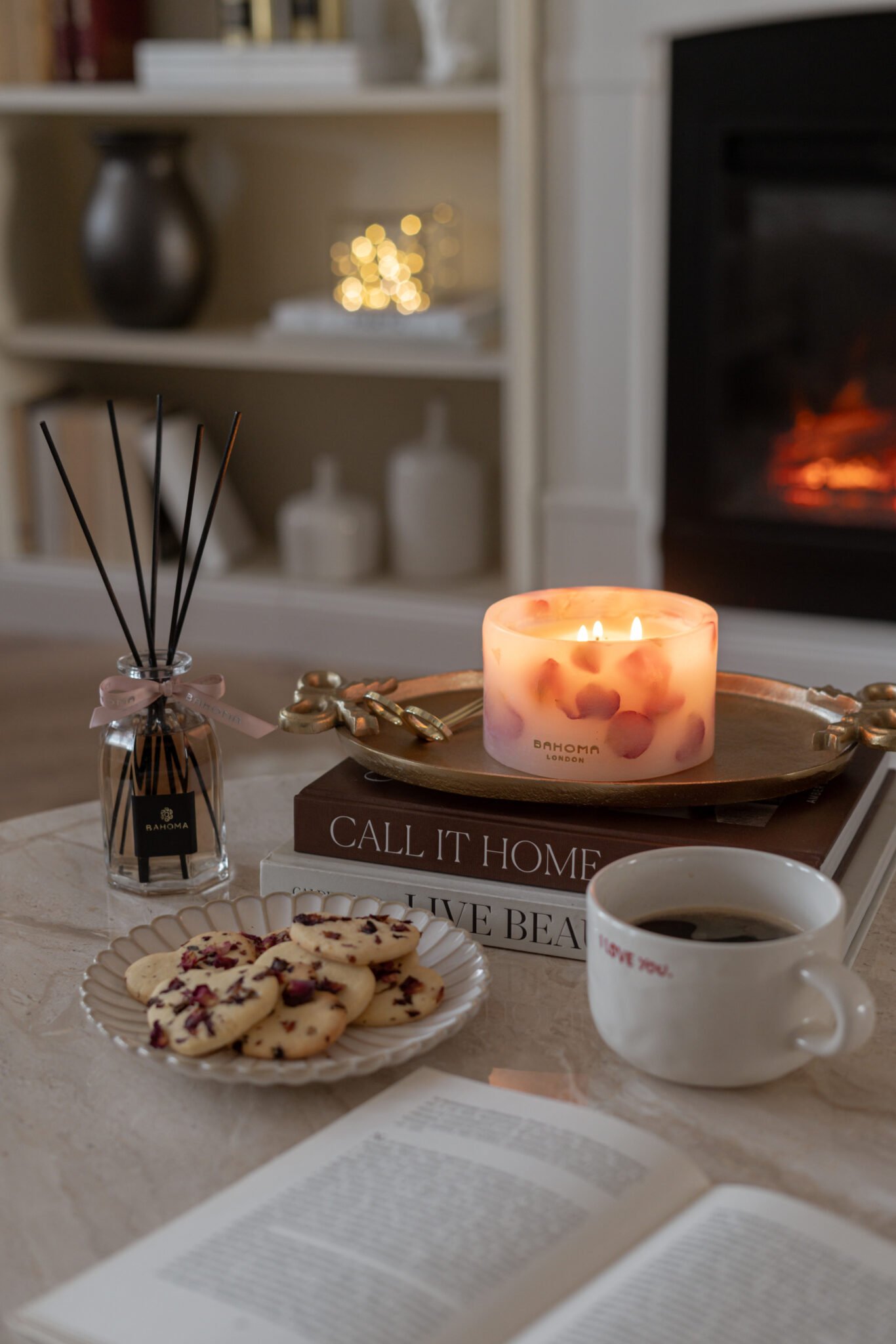 Velvet Rose - 200ml Fragranced Octagonal Diffuser with heart shaped rose cookies, botanical candle with rose petals and a cup of tea.