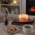 Velvet Rose - 200ml Fragranced Octagonal Diffuser with heart shaped rose cookies, botanical candle with rose petals and a cup of tea.