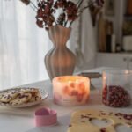 Lit up Velvet Rose - Small Pillar Candle made with real rose petals with Valentine's cookies