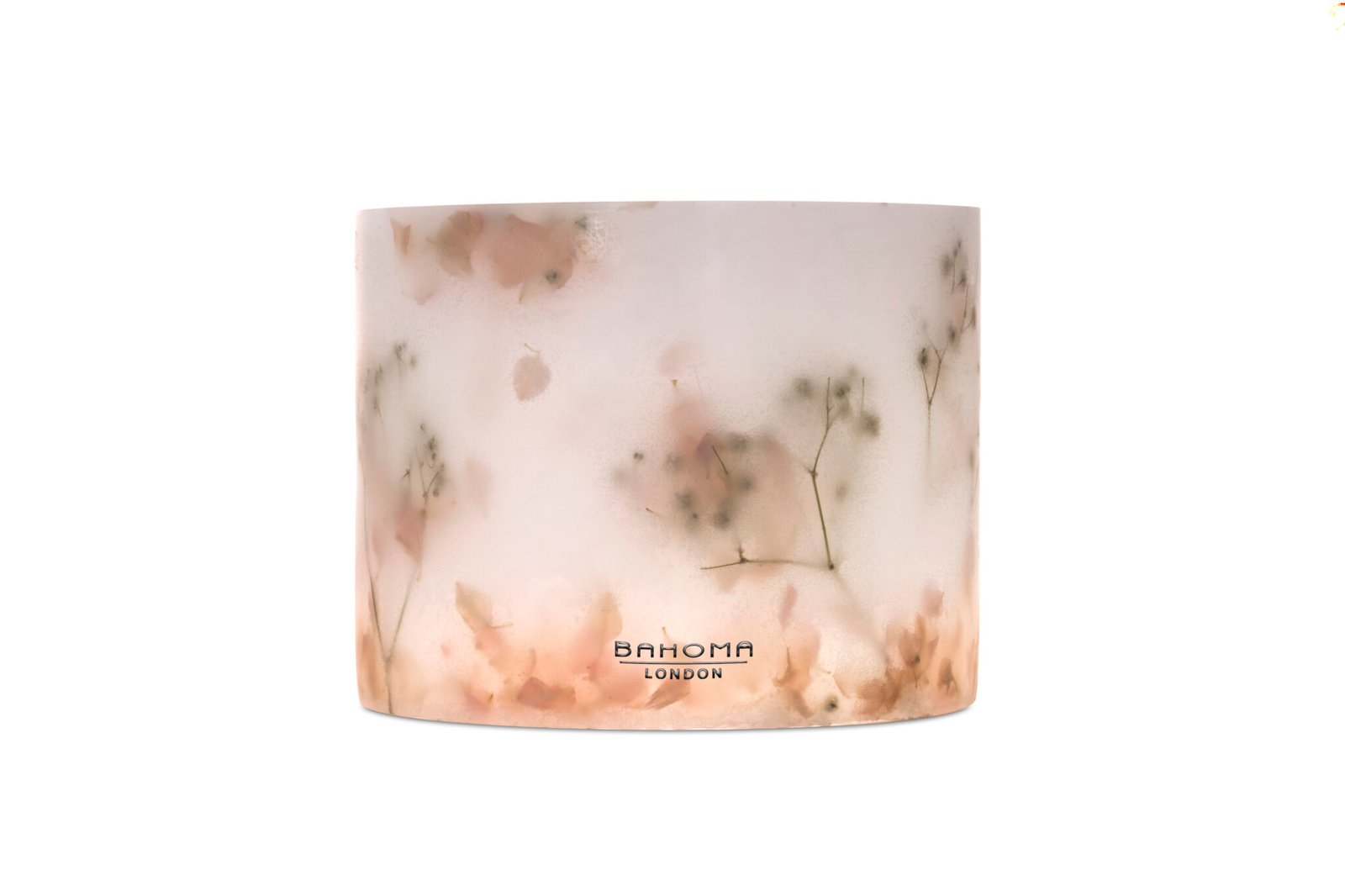 Cherry Blossom Scented Grand Pillar Candle from the Botanical Collection with real cherry blossom petals embedded in the wax.
