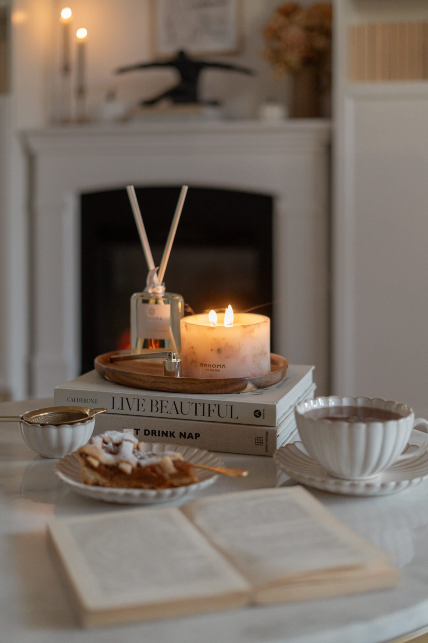 Cherry Blossom Scented Small Pillar Candle styled in real life setting