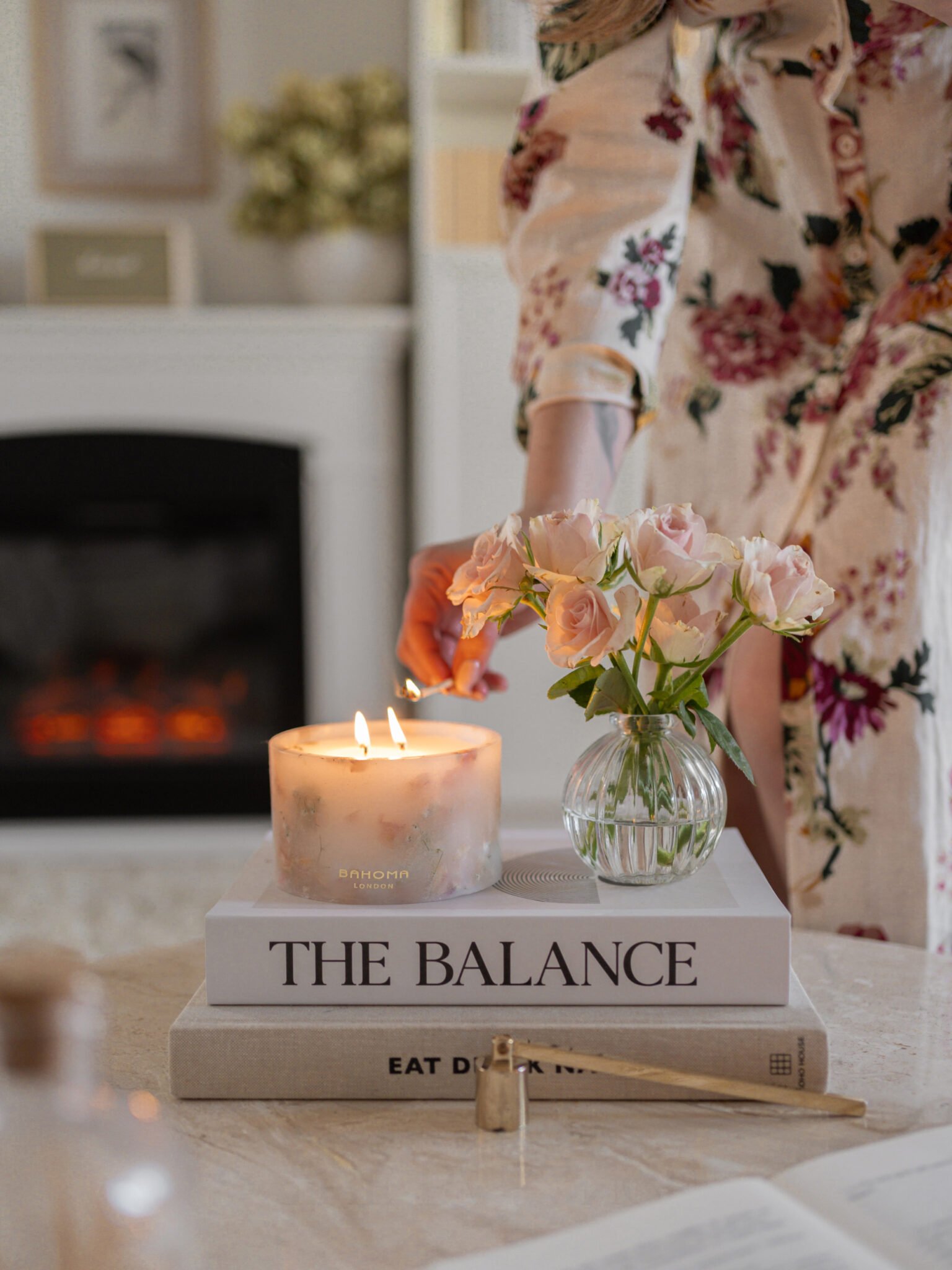 Cherry Blossom Scented Small Pillar Candle in a bright, airy room setting.