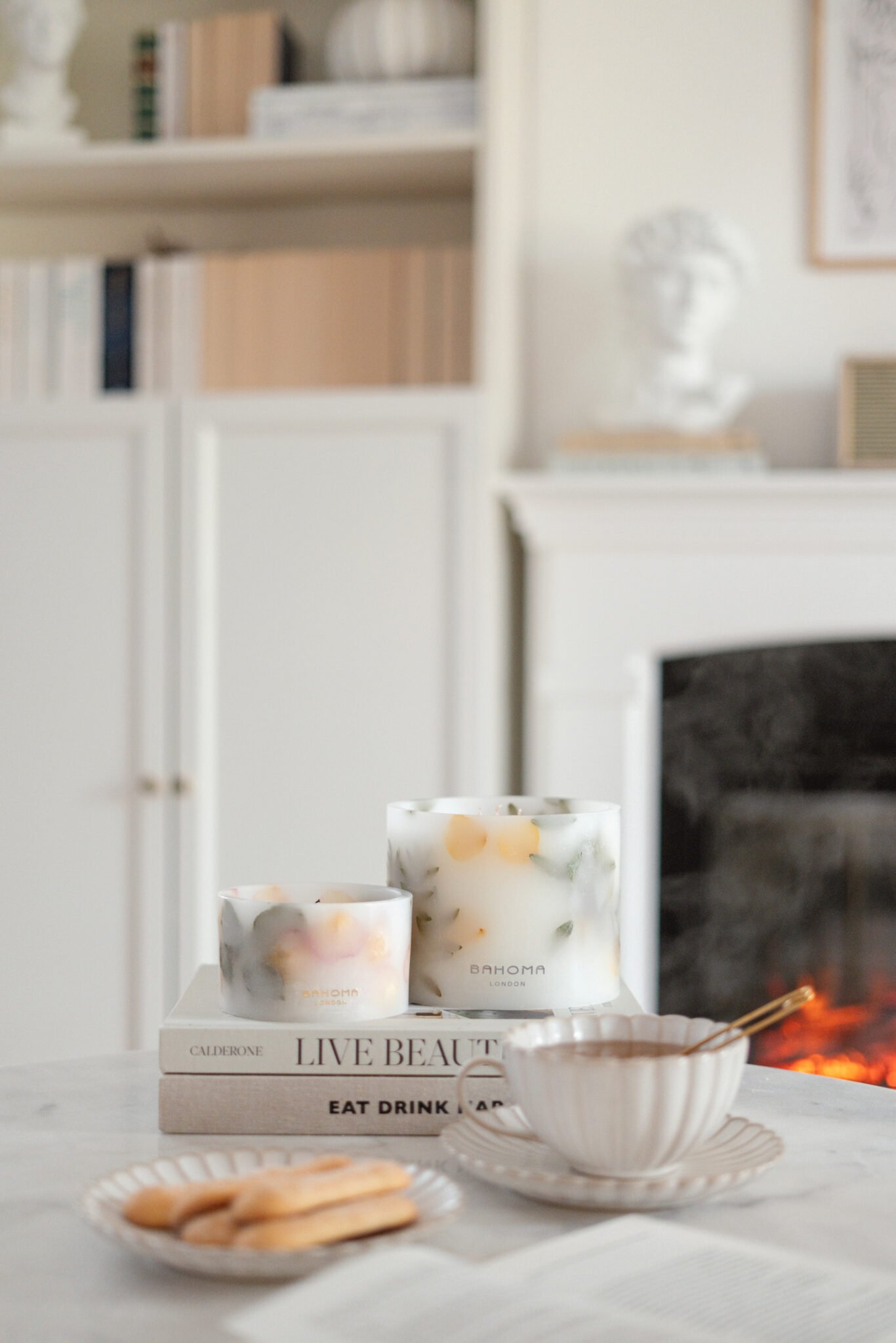 Amalfi Coast Scented Grand Pillar Candle in a minimalist lifestyle setting.