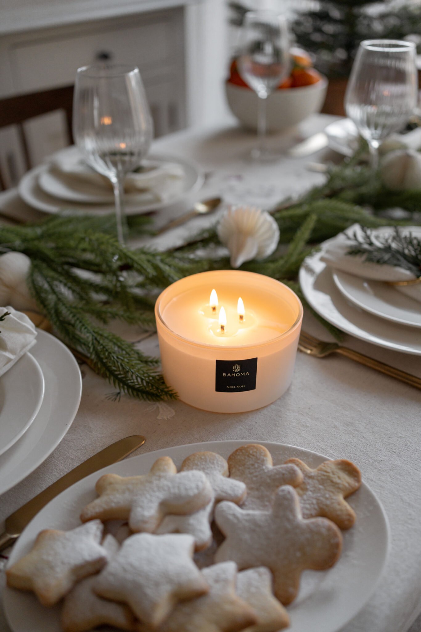 Noel Noel White 3 wick luxurious candle in table setting