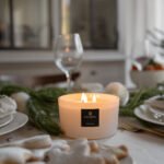 Noel Noel White 3 wick candle in table setting