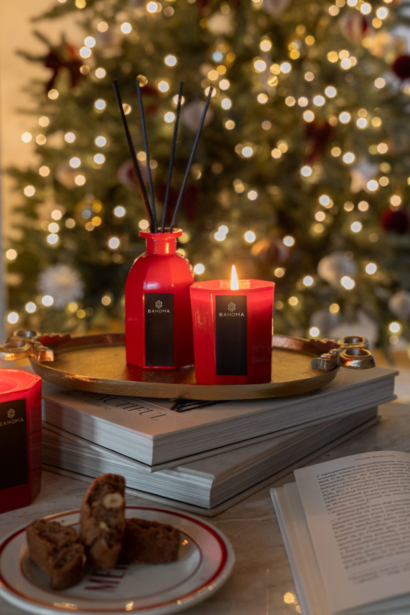 Striking red candle in octagonal design vessel
