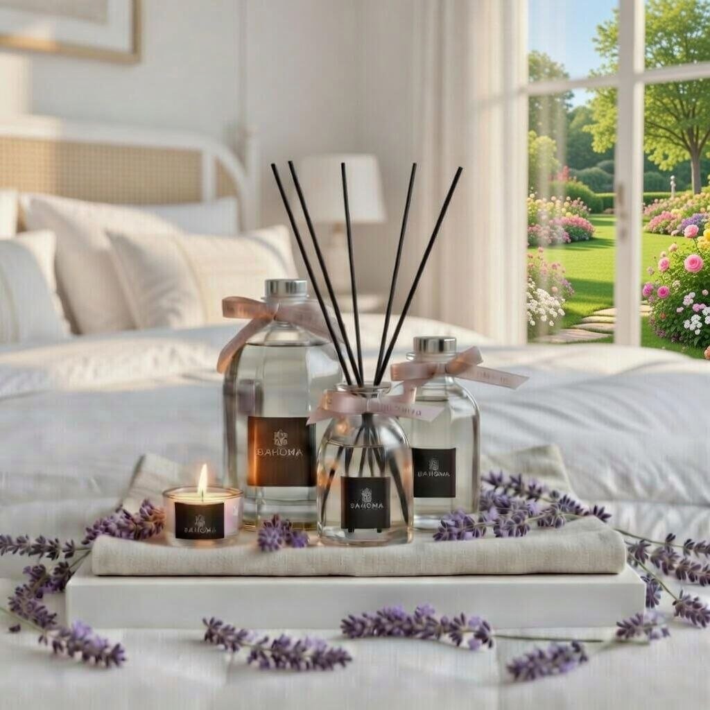 Set of three English Lavender octagonal diffusers displayed on a wooden tray on a side ottoman next to bed with English garden in a background visible through a window