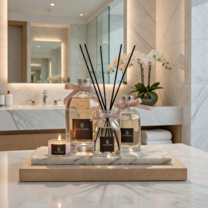 200ml Fragranced Octagonal Diffuser in a gift box - Botanical - Set of three Sand & Sea octagonal diffusers displayed on a wooden tray and towel in a bathroom