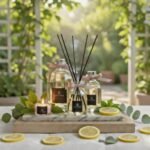 500ml Fragranced Octagonal Diffuser in a gift box - Amalfi Coast - Lifestyle image of Octagonal diffusers and candles arranged in a citrus trees garden
