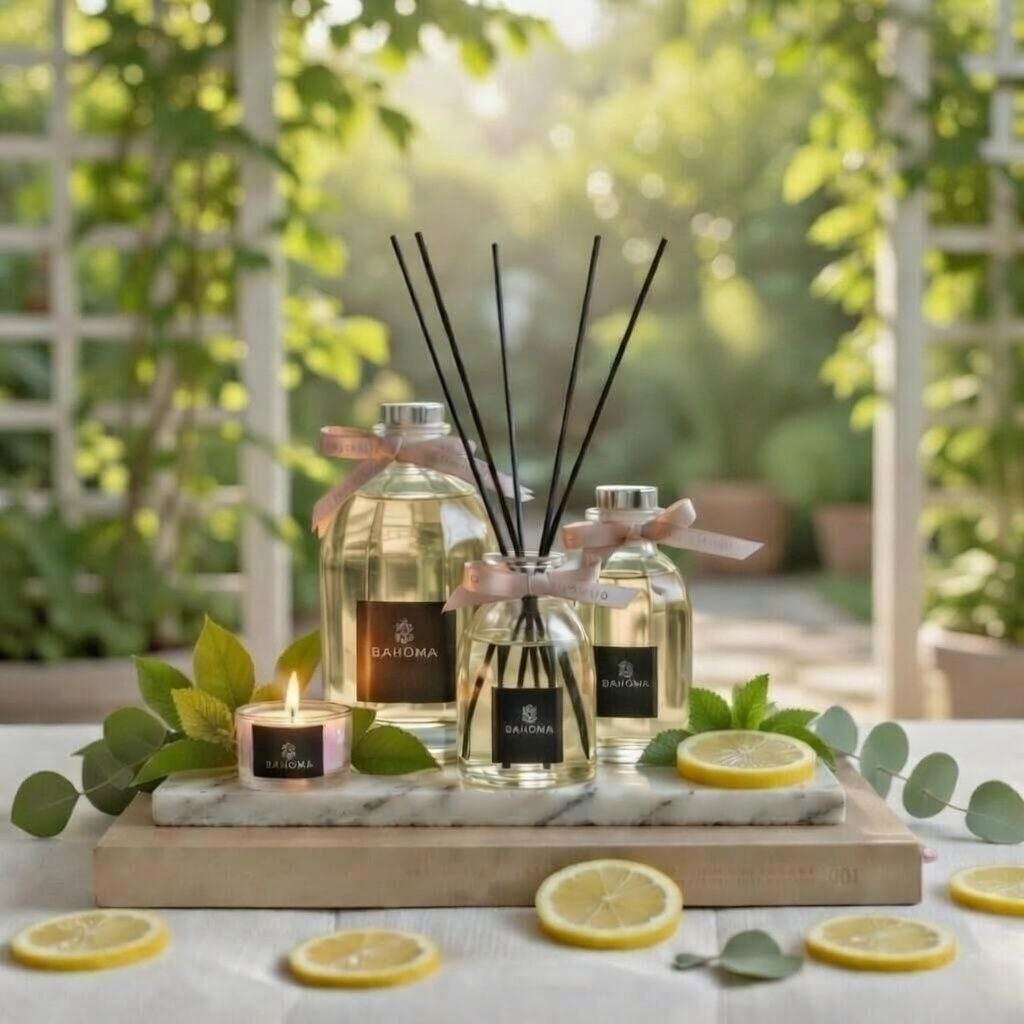 500ml Fragranced Octagonal Diffuser in a gift box - Amalfi Coast - Lifestyle image of Octagonal diffusers and candles arranged in a citrus trees garden