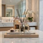 500ml Fragranced Octagonal Diffuser in a gift box - Sand & Sea - Diffuser bottles in three sizes, 100ml, 200ml, 500ml arranged on a tray on a marble top in a bathroom.