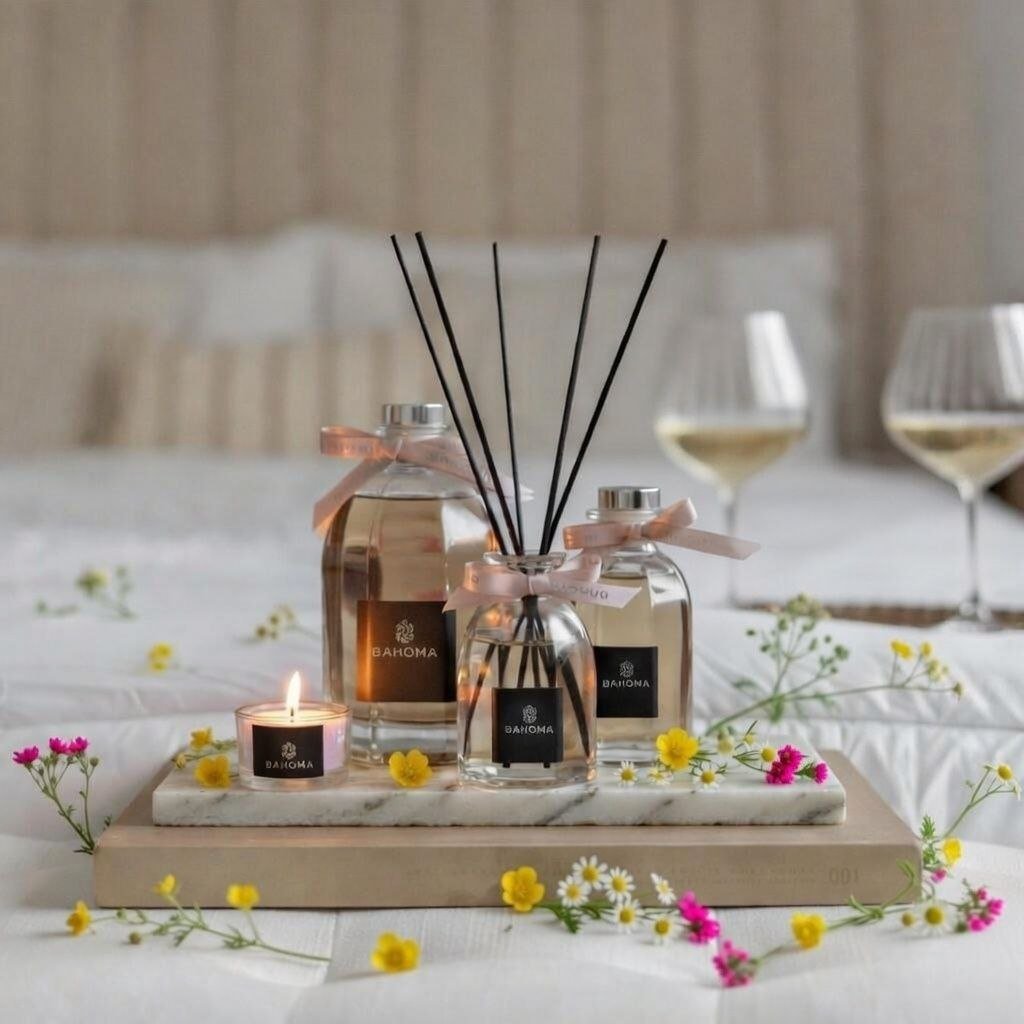 500ml Fragranced Octagonal Diffuser in a gift box - Le Jardin - All three sizes of octagonal diffusers arranged on a tray with a bed in a background