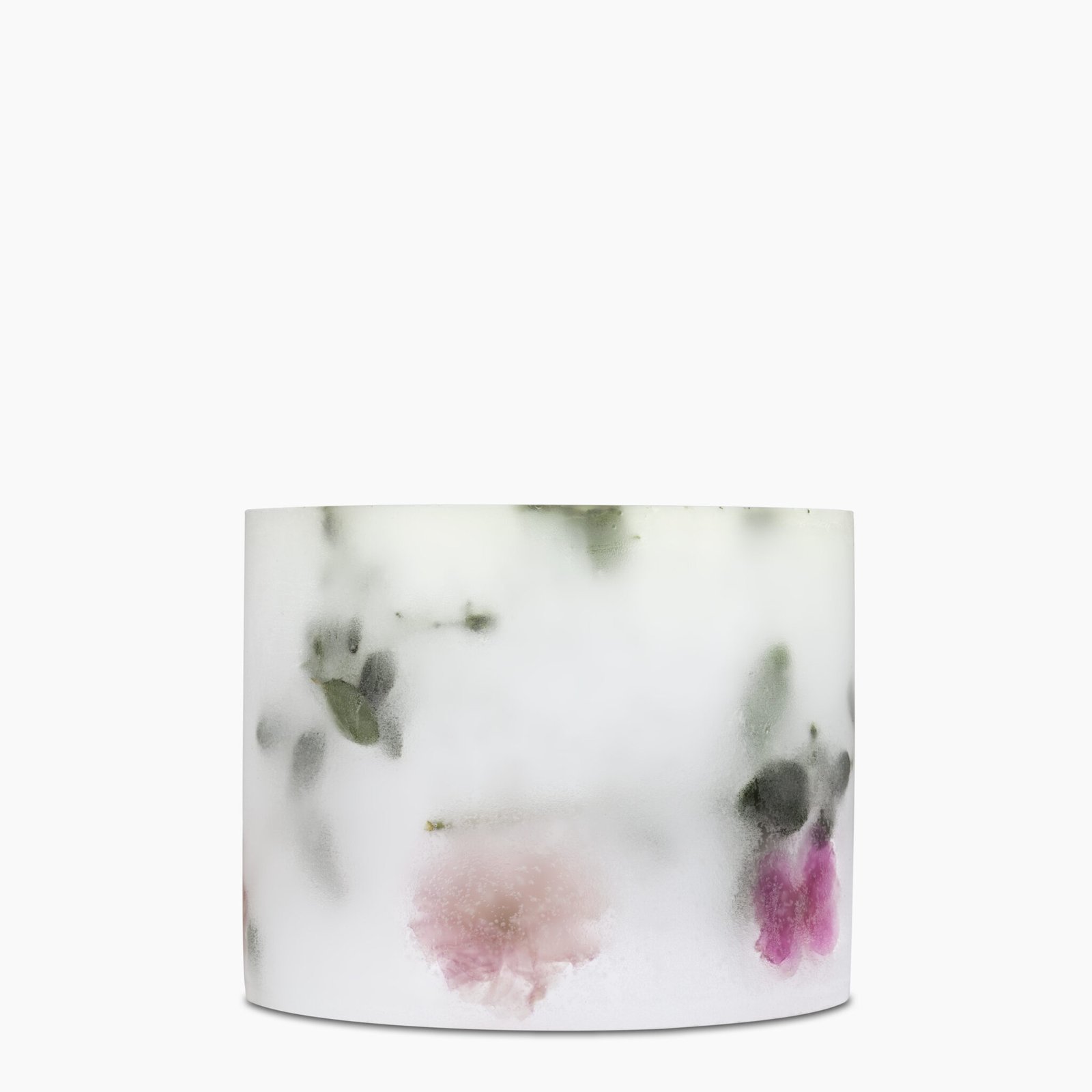Left profile of Sakura Avenue Scented Grand Pillar Candle showing large scale and petals.